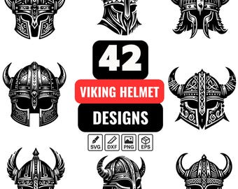 Viking Helmet SVG Bundle, Norse Warrior Clipart PNG, Nordic DXF Vector Designs, Medieval Horned Helmet Files