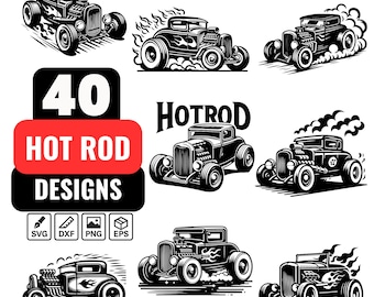 May include: A set of 40 black and white hot rod car designs. The designs are in SVG, DXF, PNG, and EPS formats. The designs feature classic hot rods with flames and smoke.