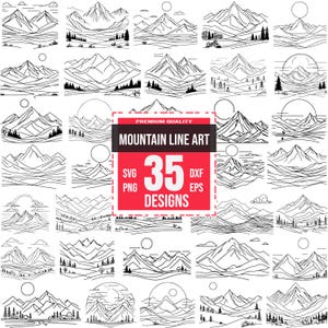 May include: A set of 35 black and white mountain line art designs. The designs feature various mountain ranges, peaks, and valleys. The text "Premium Quality Mountain Line Art 35 Designs SVG PNG DXF EPS" is displayed in a red box.