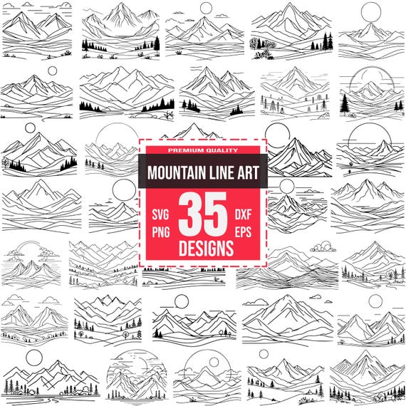 Mountain Scene Line Art SVG Bundle | 35 Minimalist Nature Designs | Wilderness, Camping, Adventure, Cricut and Laser Cut