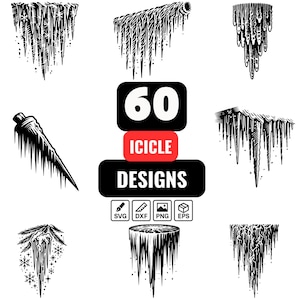 Op de afbeelding: Een zwart-wit afbeelding met 60 ijspegelontwerpen. De ontwerpen variëren, sommige bevatten sneeuwvlokken. De afbeelding bevat de tekst "60 ICICLE DESIGNS" en pictogrammen voor SVG, DXF, PNG en EPS bestanden.