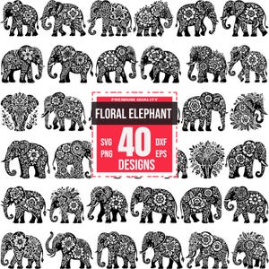 May include: A set of 40 black and white floral elephant silhouette designs. The designs are perfect for crafting, scrapbooking, and other creative projects.  SVG, PNG, DXF, and EPS file formats are included.