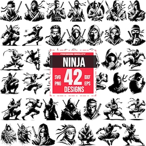 May include: A set of 42 black and white ninja silhouette illustrations. The illustrations depict ninjas in various poses, including crouching, jumping, and holding weapons. The text "PREMIUM QUALITY NINJA 42 DESIGNS" is displayed in a red box.