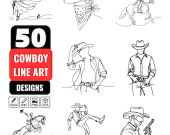 May include: A collection of 50 cowboy line art designs in black and white. The designs include cowboys in various poses, such as riding horses, walking, and holding guns. The image also includes the text "50 Cowboy Line Art Designs."