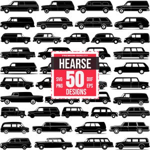 50 Hearse SVG Bundle, Funeral Car Silhouette Clipart, Vintage & Modern Hearses, Classic Funeral Car, Funeral Vehicle, Gothic Car