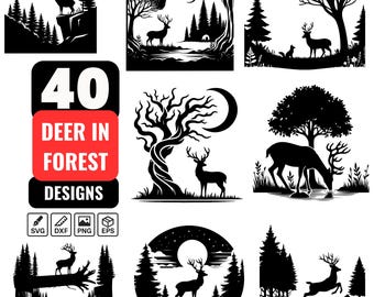 40 Deer in Forest SVG Bundle, Woodland Wildlife Clipart, Nature Silhouette Graphics, Deer Vector, Wildlife Designs, Nature Landscape