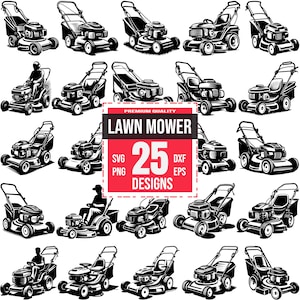 Pode incluir: Uma coleção de 25 designs de cortadores de relva em preto e branco. Os designs incluem vários estilos de cortadores de relva, alguns com operadores. A imagem também inclui o texto "Premium Quality Lawn Mower 25 Designs".