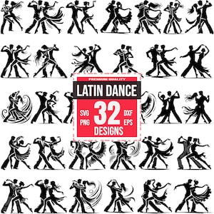 Peut inclure: Une collection de 32 motifs de danse latine en noir et blanc. Les motifs présentent des silhouettes de couples dans différentes poses de danse. L'image comprend le texte "Latin Dance" et les options de type de fichier : SVG, PNG, DXF et EPS.