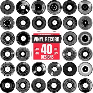 Puede incluir: Un conjunto de 40 diseños de discos de vinilo en blanco y negro. Los diseños son de varios estilos, incluyendo círculos simples, círculos concéntricos y patrones más intrincados. El texto "PREMIUM QUALITY VINYL RECORD 40 DESIGNS SVG PNG DXF EPS" se muestra en un cuadro rojo.
