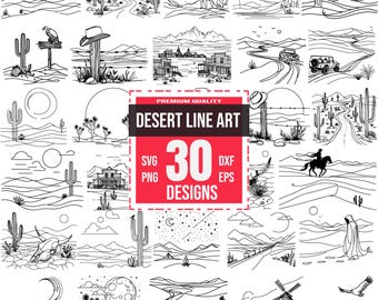 30 Desert Scene Line Art SVG Bundle | Cactus & Landscape Clipart | Western Minimalist