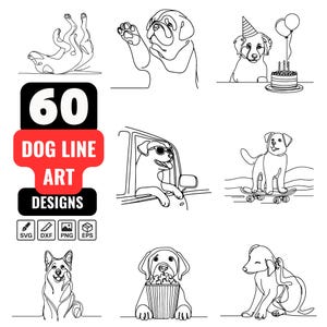 Dog Line Art SVG Bundle | 60 Dog Continuous Line Drawing Clipart PNG | Minimalist Dog, Cute Puppy, Cricut, Laser Cut