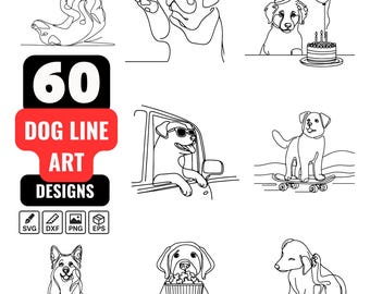 Paquete SVG de arte lineal de perros / 60 imágenes prediseñadas PNG de dibujo de línea continua de perros / Perro minimalista, cachorro lindo, Cricut, corte láser