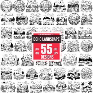 May include: A set of 55 black and white line art illustrations of various landscapes. The illustrations feature mountains, trees, rivers, and other natural elements. The text "BOHO LANDSCAPE" and "55 DESIGNS" is featured in a red box.