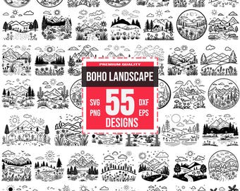 Boho landscape Svg Bundle, Boho mountain Svg, Boho scenery Svg, Minimalist landscape Svg, Boho nature Svg, Abstract landscape Svg