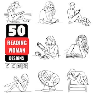 Puede incluir: Colección de 50 diseños de arte lineal en blanco y negro que representan a mujeres leyendo. La imagen incluye el texto "50 READING WOMAN DESIGNS" en un rectángulo rojo y negro, junto con iconos de tipo de archivo para SVG, DXF, PNG y EPS.