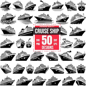 Puede incluir: Un conjunto de 50 diseños de siluetas de barcos de crucero en blanco y negro. Los diseños son de varios estilos y tamaños. El texto "Premium Quality Cruise Ship 50 Designs" está en un cuadro rojo.