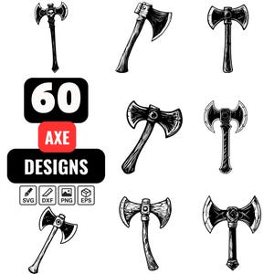 Axe SVG Bundle, 60 Realistic Battle & Wood Axe Designs, Viking Weapon Clipart for Cricut, Lumberjack Silhouette,Hatchet PNG, Norse Mythology