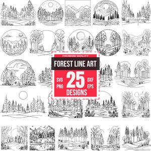 Könnte beinhalten: Eine Sammlung von 25 Wald-Linienkunst-Designs in den Formaten SVG, PNG, DXF und EPS. Die Designs zeigen verschiedene Waldszenen, darunter Bäume, Berge und Landschaften, alle in einem minimalistischen Schwarz-Weiß-Stil.