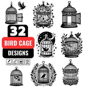 以下が含まれることがあります： 白黒の鳥かごのデザイン32個セット。デザインには、開いたドアのある鳥かご、つるのある鳥かご、星と月のある鳥かご、ハートのある鳥かごなど、さまざまなスタイルの鳥かごが描かれています。これらのデザインは、クラフト、スクラップブッキング、その他のクリエイティブなプロジェクトに最適です。