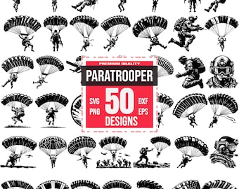 May include: A set of 50 black and white silhouette designs of paratroopers in various poses, including jumping from airplanes, landing with parachutes, and holding weapons. The designs are labeled "Paratrooper" and "50 Designs".