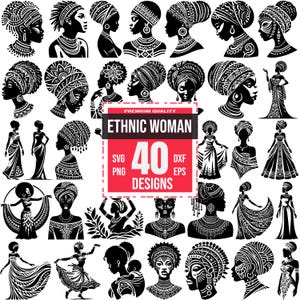 民族女性 SVG バンドル、アフリカ女性 PNG、部族の美しさ DXF、女神のシルエット ベクター、アフロ女性のクリップアート、文化芸術
