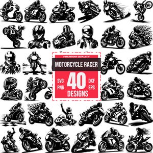 以下が含まれることがあります： 40種類の白黒のベクターイラストのセット。イラストは、レーシングスーツを着たライダー、カジュアルな服装のライダー、さまざまなタイプのバイクに乗ったライダーなど、さまざまなポーズとスタイルのバイクレーサーを特徴としています。イラストは、Tシャツのデザイン、ウェブサイトのグラフィック、ソーシャルメディアの投稿など、さまざまなプロジェクトで使用できます。