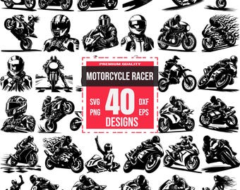 40 Motorcycle Racer SVG Bundle, Biker Clipart PNG, Racing Motorcycle DXF, Dirt Bike Vector, Sportbike Graphic