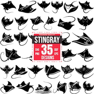 Puede incluir: Un conjunto de 35 diseños de silueta de raya negra y blanca. Los diseños están en varias poses y tamaños. El texto "STINGRAY 35 DESIGNS" está en un cuadro rojo.