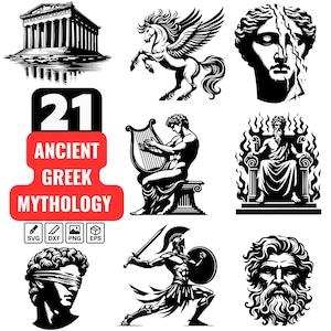 以下が含まれることがあります： 古代ギリシャ神話の登場人物とシンボルをモチーフにした、白黒のベクターイラスト21点セット。イラストには、寺院、有翼の馬、目隠しされた人物、剣と盾を持った戦士、玉座に座った神、リラを弾く音楽家、そして髭を生やした男性の頭部などが含まれています。