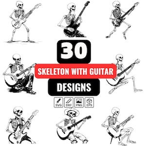 Skeleton with Guitar Svg Bundle, Musical skeleton png, Rock and roll svg, Skeleton clipart, Guitar player skeleton, Gothic music svg