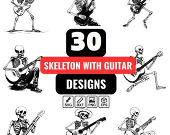Skeleton with Guitar Svg Bundle, Musical skeleton png, Rock and roll svg, Skeleton clipart, Guitar player skeleton, Gothic music svg