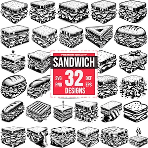 Pakiet SVG Sandwich | 32 pyszne projekty delikatesowe | Clipart żywności dla Cricut, sublimacji i cięcia laserowego | Świeży lunch | Smaczna przekąska