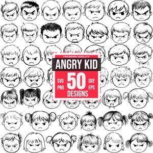 Angry Kid Faces SVG Bundle | 50 Cute Cartoon Expressions | Hand-Drawn Emotion Faces