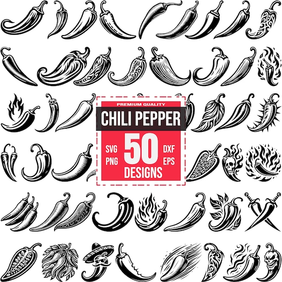 Chili Pepper SVG Bundle, Spicy Pepper PNG, Hot Pepper DXF, Fire Jalapeno Clipart, Mexican Food Art, Spicy Vegetable Illustration