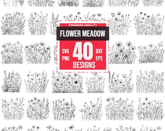 Pacote SVG Flower Meadow, Campo de flores Svg, Flores silvestres Svg, Design de prado, Arte de prado, Paisagem de flores Svg, Prado de flores Png, Prado de flores Dxf