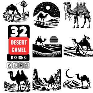 32 Desert Camel SVG Bundle, Sahara Landscape Silhouettes, Arabian Camel Clipart, Desert Scene Graphics, Sahara Camel Caravan, Sahara Night