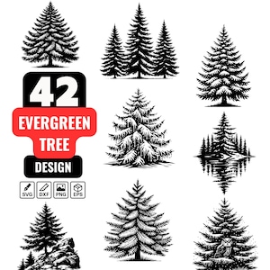 Puede incluir: Un conjunto de 42 diseños de árboles de hoja perenne en blanco y negro. Los diseños son de varios estilos, incluyendo árboles individuales, grupos de árboles y árboles con reflejos en el agua. Los diseños son perfectos para usar en manualidades, scrapbooking y otros proyectos creativos.