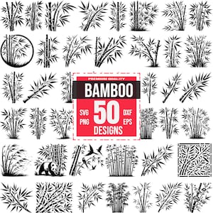 Op de afbeelding: Een set van 50 zwart-witte vectorillustraties van bamboe planten in verschillende stijlen. De illustraties zijn perfect voor knutselen, scrapbooking en andere creatieve projecten. De tekst "PREMIUM QUALITY BAMBOO 50 DESIGNS SVG PNG DXF EPS" wordt weergegeven in een rode doos.