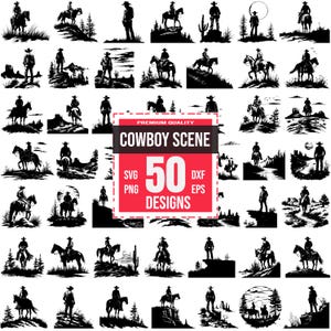 Puede incluir: Un conjunto de 50 dise&ntilde;os de siluetas en blanco y negro que representan a vaqueros a caballo, cabalgando por diversos paisajes. Los dise&ntilde;os est&aacute;n etiquetados como "Cowboy Scene" e incluyen los tipos de archivo SVG, PNG, DXF y EPS.