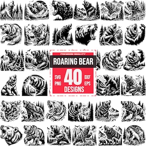 Puede incluir: Un conjunto de 40 ilustraciones de osos rugientes en blanco y negro. Las ilustraciones presentan osos en varias poses, incluyendo rugiendo, de pie y caminando. Las ilustraciones son perfectas para usar en proyectos de manualidades, scrapbooking y otras actividades creativas.