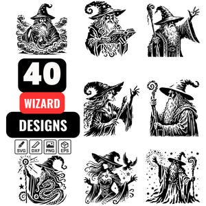 Wizard SVG Bundle | 40 Magical Wizard Designs | Fantasy Spellcaster Clipart, Enchanted Wizard Art, Cricut and Laser Cut