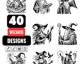 Wizard SVG Bundle | 40 Magical Wizard Designs | Fantasy Spellcaster Clipart, Enchanted Wizard Art, Cricut and Laser Cut