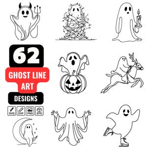 May include: A collection of 62 ghost line art designs in black and white. The designs include ghosts with various themes, such as a devil ghost, a ghost wrapped in lights, and a ghost riding a reindeer. The image also includes the text "62 GHOST LINE ART DESIGNS".