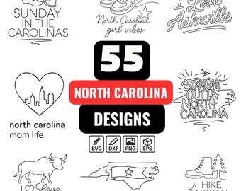 55 North Carolina-Svg-Bundle | Asheville | Durham | Charlotten | Liebe | Öffnerkarte | Teerferse Zustand | Ich liebe Nordcarolina