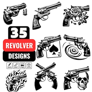 May include: A set of 35 black and white revolver designs. The designs feature revolvers in various poses, including with a playing card, a skull, and flames. The text "35 REVOLVER DESIGNS" is displayed in a red box.