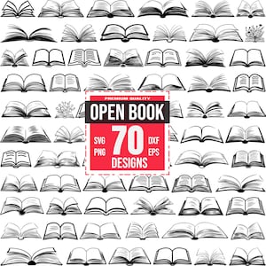 Op de afbeelding: Een set van 70 zwart-witte illustraties van open boeken. De boeken zijn getekend in een eenvoudige, handgetekende stijl. De tekst op de afbeelding luidt "Premium Quality Open Book 70 Designs SVG PNG DXF EPS".