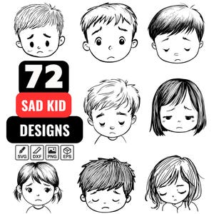 Sad Kid SVG Bundle, 72 Sad Child Face Designs, Emotional Kid Clipart, Cartoon Sad Kid Silhouette, Crying Child Vector, Cricut Cut Files