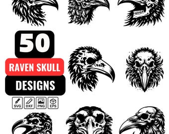 Raven Skull SVG Bundle, 50 Gothic Crow Skull Designs, Dark Fantasy Clipart for Cricut, Laser Cut Files,Occult Raven,Bird Skull PNG,Pagan Art