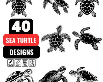 May include: Black and white illustrations of sea turtles in various poses. The image includes the text "40 SEA TURTLE DESIGNS" in a bold, modern font, along with file type icons for SVG, DXF, PNG, and EPS formats.