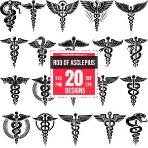 Puede incluir: Un conjunto de 20 ilustraciones vectoriales en blanco y negro del Bastón de Asclepio, un símbolo de la medicina y la curación. Las ilustraciones presentan varios diseños, incluyendo alas, serpientes y otros elementos decorativos. El texto "Rod of Asclepius" y "20 Designs" se muestra en un cuadro rojo.